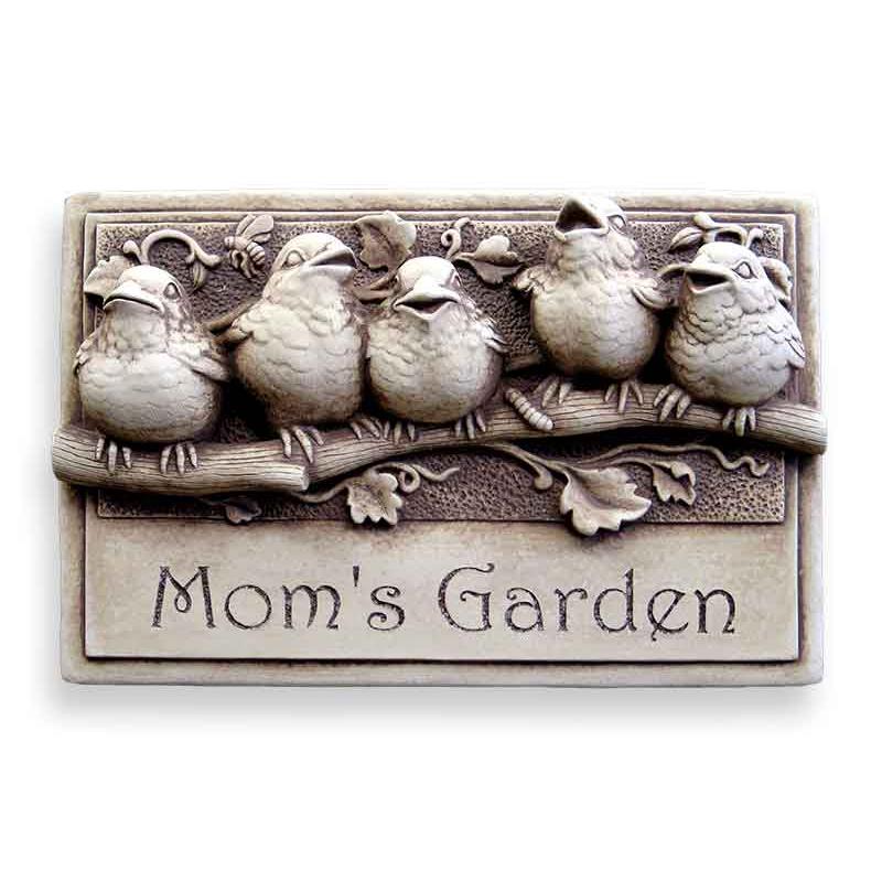 Mom's Garden handcrafted stone plaque of five baby birds on a branch above the words Mom's Garden