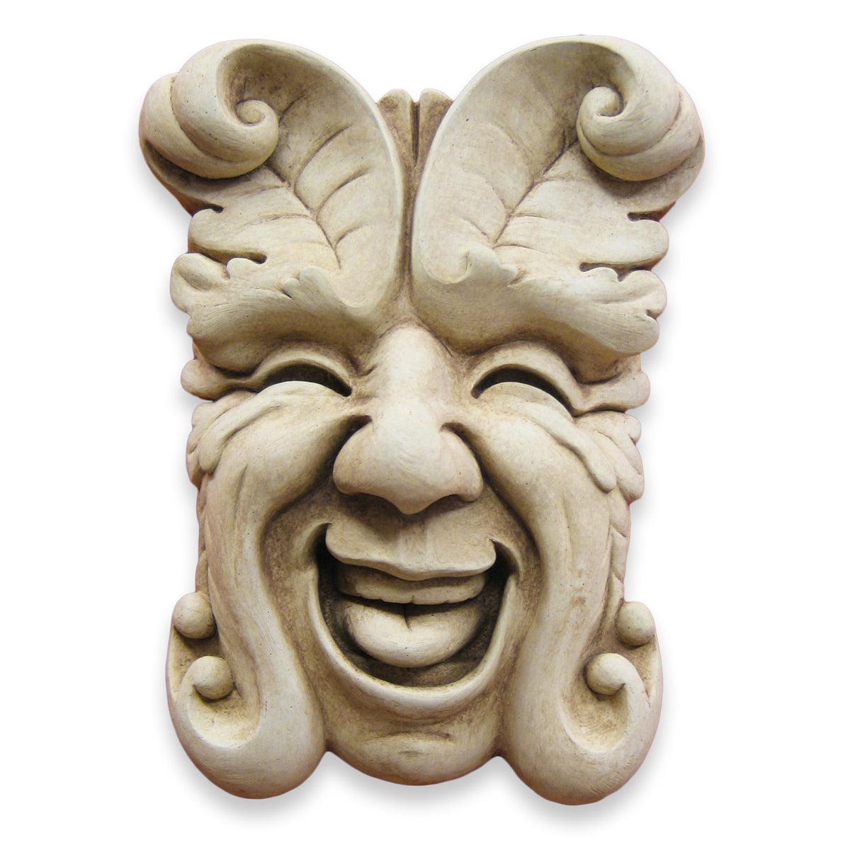 Laughing Leif handcrafted stone face wall plaque of a leaf-crowned face laughing with eyes closed