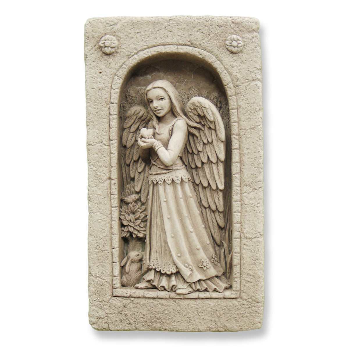 Nature's Angel plaque front view in softer light showing the flower rosettes in the top corners